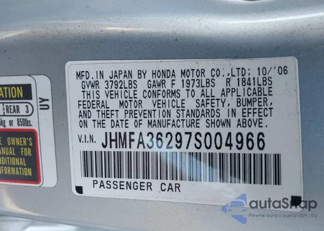 2007 Honda Civic Hybrid z USA, uszkodzony, nr VIN JHMFA36297S004966